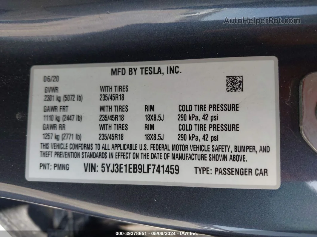2020 Tesla Model 3 Long Range Dual Motor All-wheel Drive Серый vin: 5YJ3E1EB9LF741459