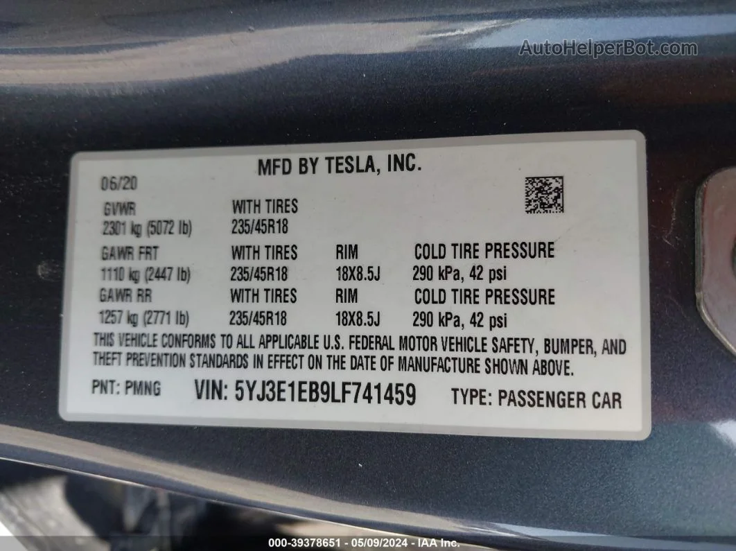 2020 Tesla Model 3 Long Range Dual Motor All-wheel Drive Gray vin: 5YJ3E1EB9LF741459