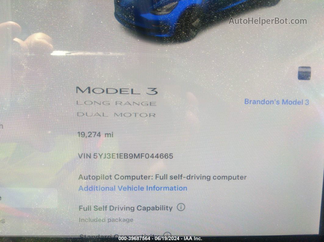 2021 Tesla Model 3 Long Range Dual Motor All-wheel Drive Blue vin: 5YJ3E1EB9MF044665