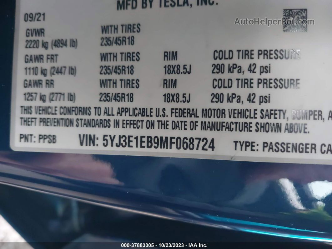 2021 Tesla Model 3 Long Range Dual Motor All-wheel Drive Blue vin: 5YJ3E1EB9MF068724
