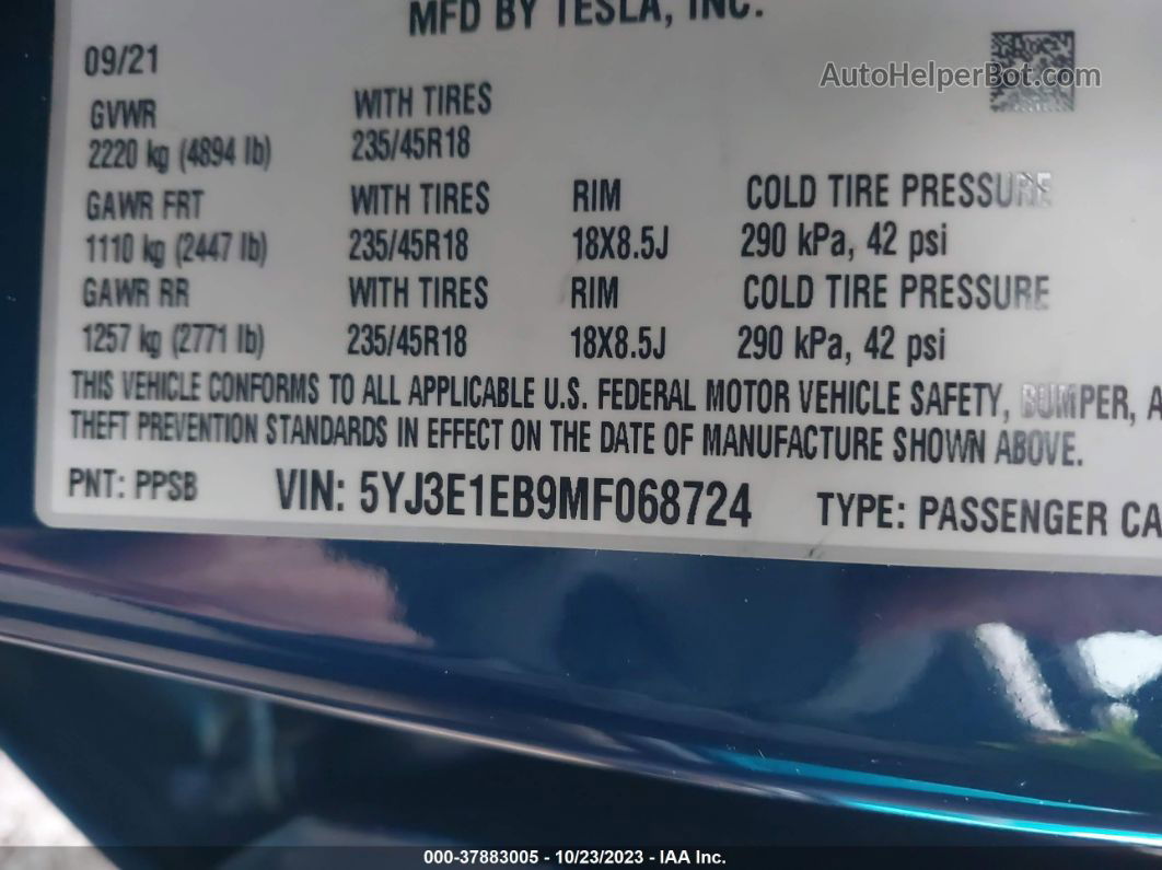 2021 Tesla Model 3 Long Range Dual Motor All-wheel Drive Синий vin: 5YJ3E1EB9MF068724