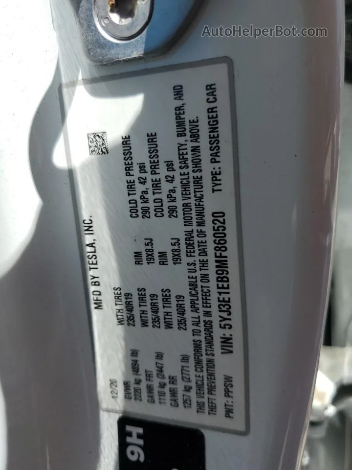 2021 Tesla Model 3  White vin: 5YJ3E1EB9MF860520