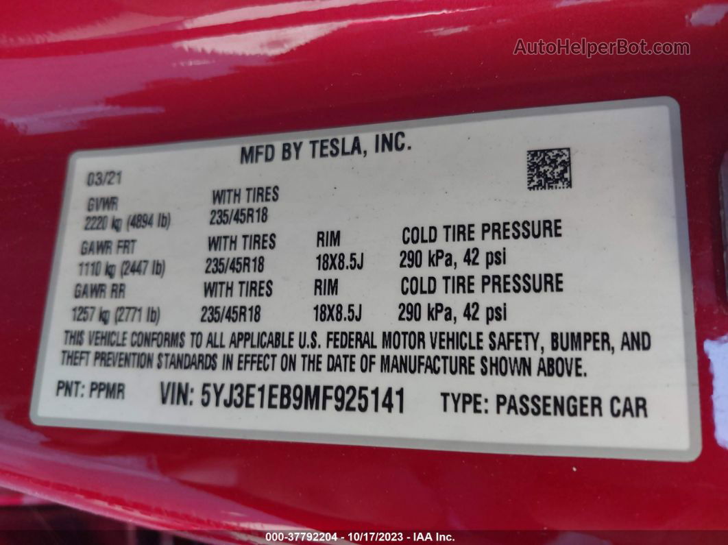 2021 Tesla Model 3 Long Range Dual Motor All-wheel Drive Red vin: 5YJ3E1EB9MF925141