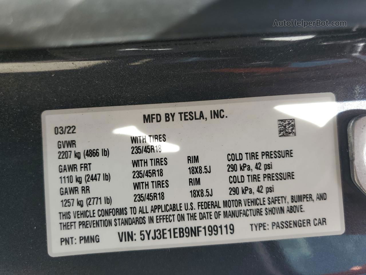 2022 Tesla Model 3  Charcoal vin: 5YJ3E1EB9NF199119