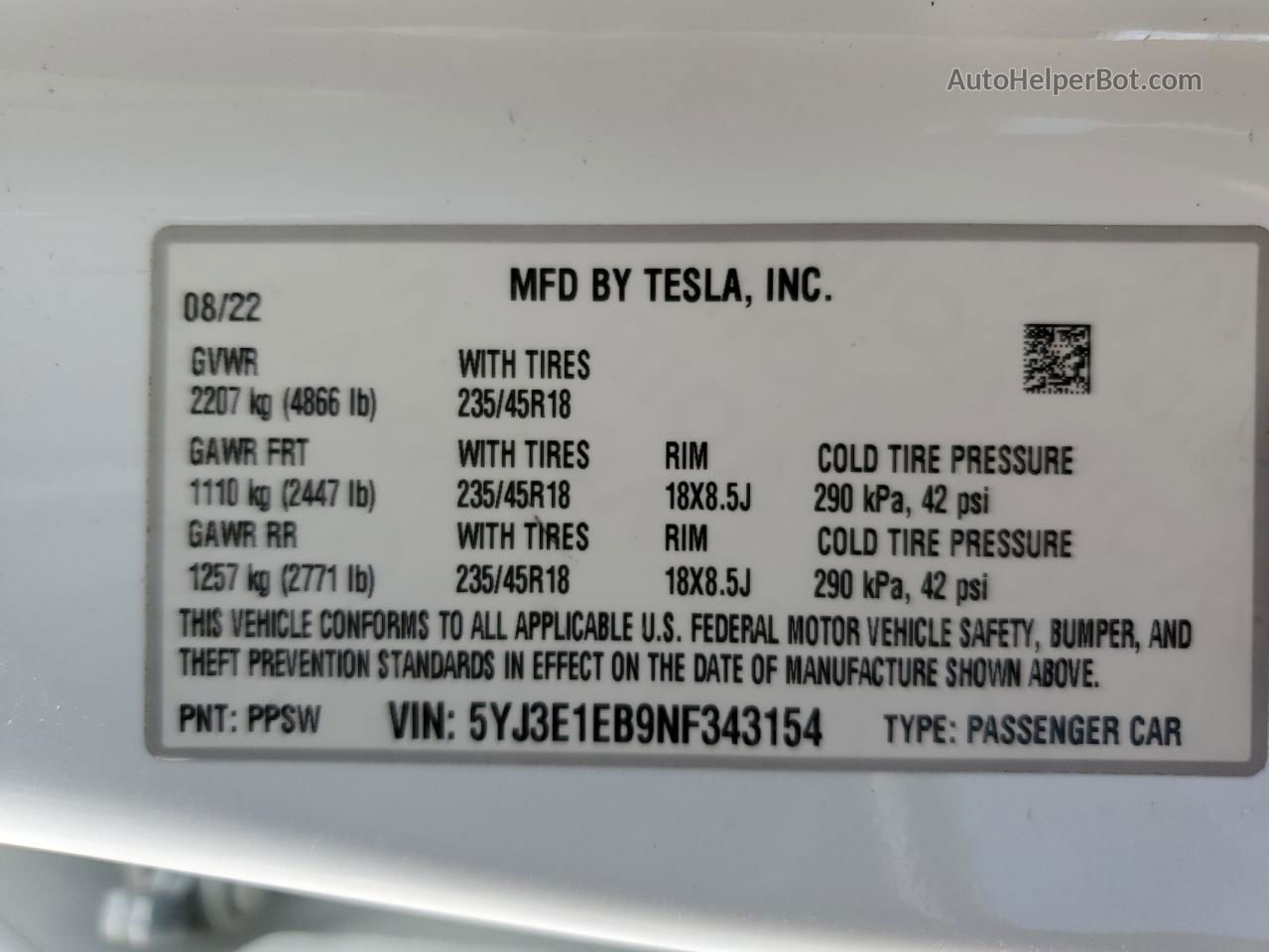 2022 Tesla Model 3  White vin: 5YJ3E1EB9NF343154