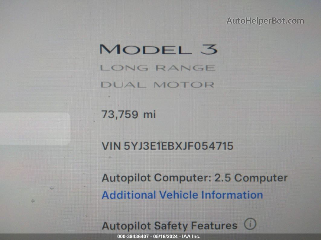 2018 Tesla Model 3 Long Range/performance White vin: 5YJ3E1EBXJF054715