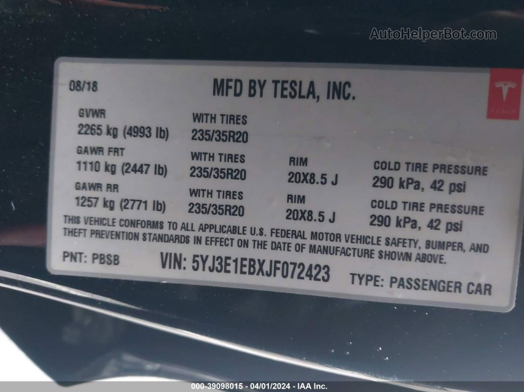 2018 Tesla Model 3 Long Range/performance Black vin: 5YJ3E1EBXJF072423