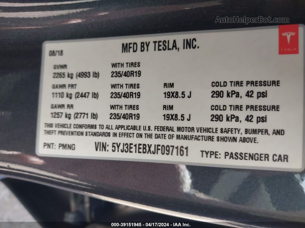 2018 Tesla Model 3 Long Range/performance Gray vin: 5YJ3E1EBXJF097161