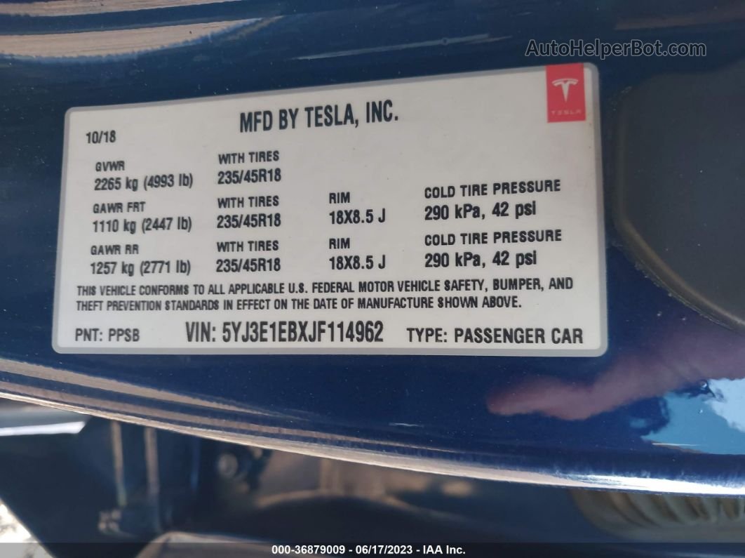 2018 Tesla Model 3 Long Range Unknown vin: 5YJ3E1EBXJF114962