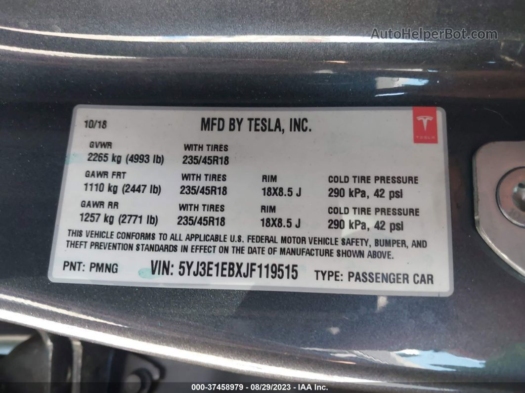 2018 Tesla Model 3 Long Range Серый vin: 5YJ3E1EBXJF119515