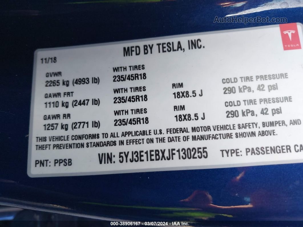 2018 Tesla Model 3 Long Range/performance Blue vin: 5YJ3E1EBXJF130255
