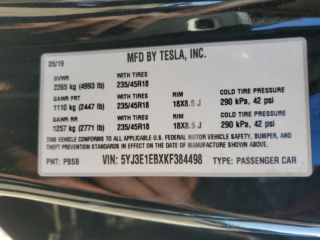 2019 Tesla Model 3  Black vin: 5YJ3E1EBXKF384498