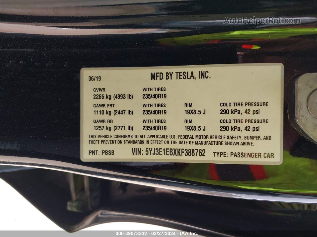 2019 Tesla Model 3 Long Range/performance Black vin: 5YJ3E1EBXKF388762
