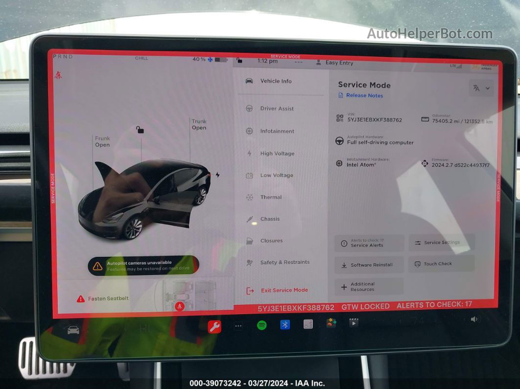 2019 Tesla Model 3 Long Range/performance Black vin: 5YJ3E1EBXKF388762