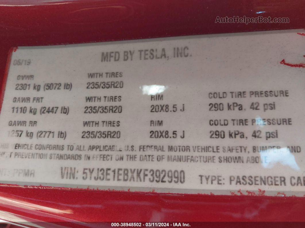 2019 Tesla Model 3 Long Range/performance Red vin: 5YJ3E1EBXKF392990