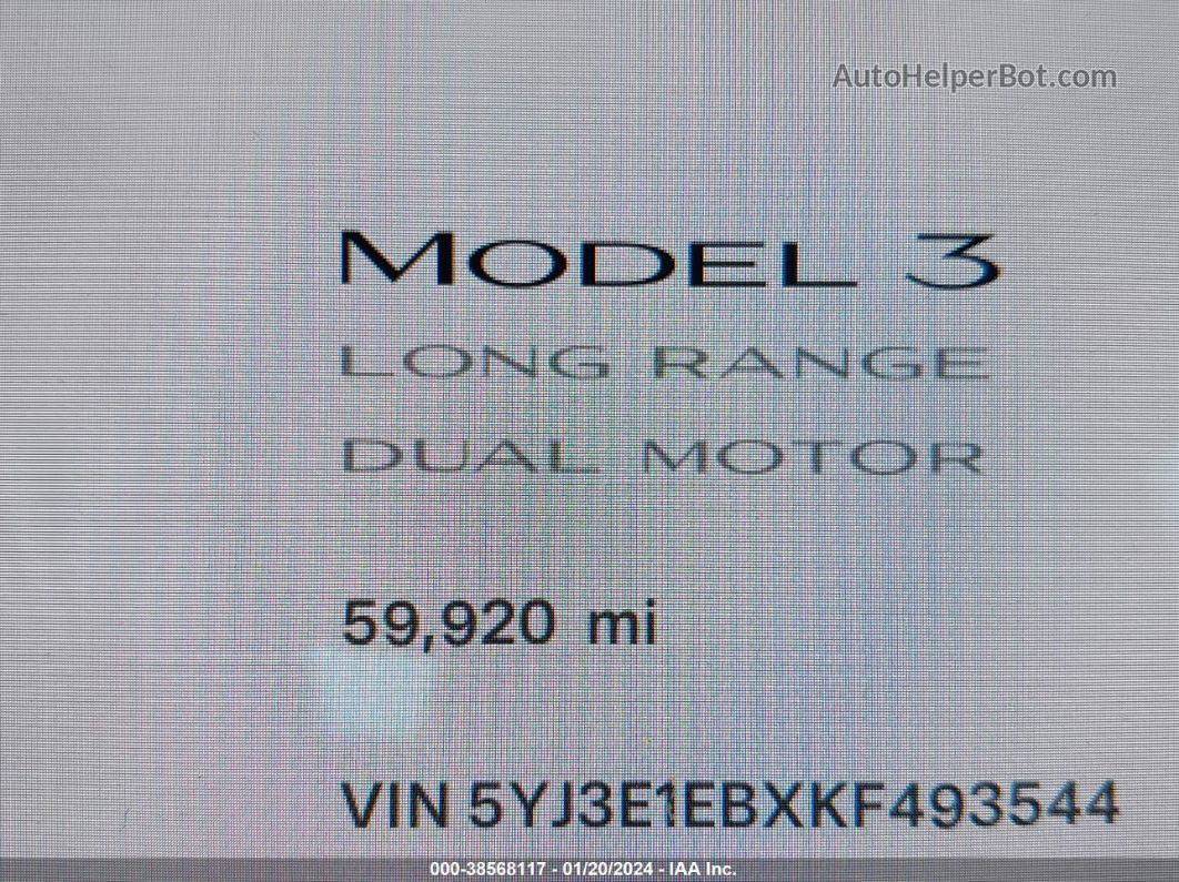 2019 Tesla Model 3 Long Range/performance White vin: 5YJ3E1EBXKF493544