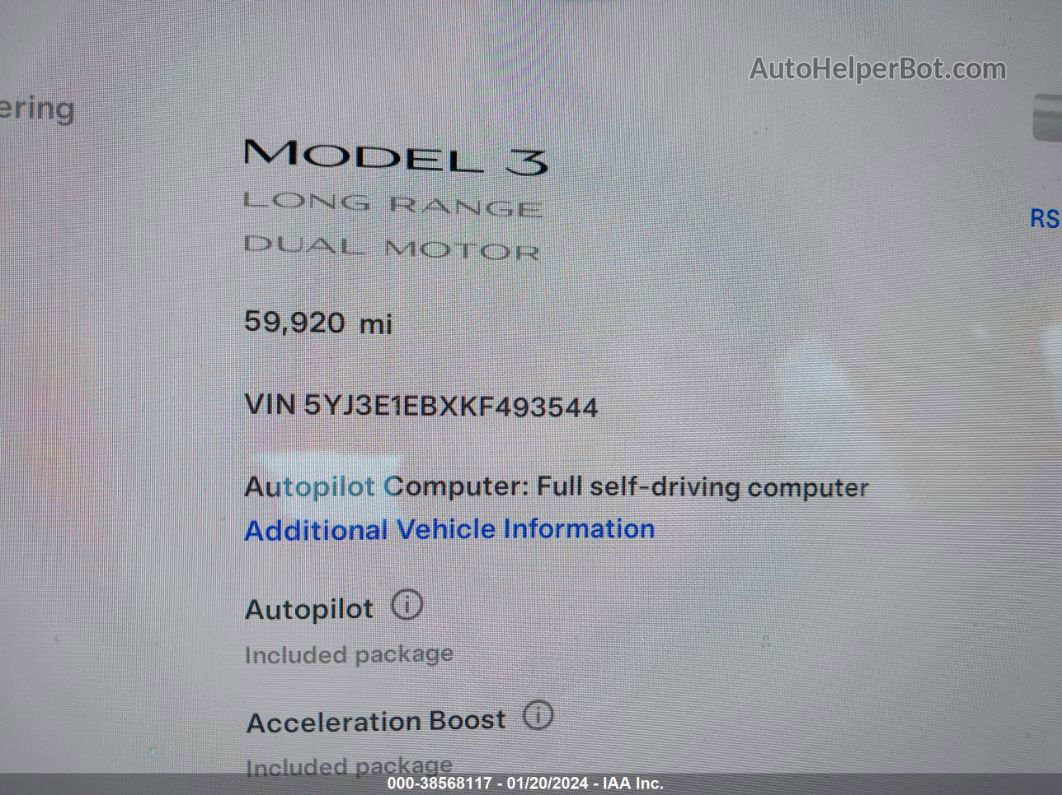 2019 Tesla Model 3 Long Range/performance White vin: 5YJ3E1EBXKF493544