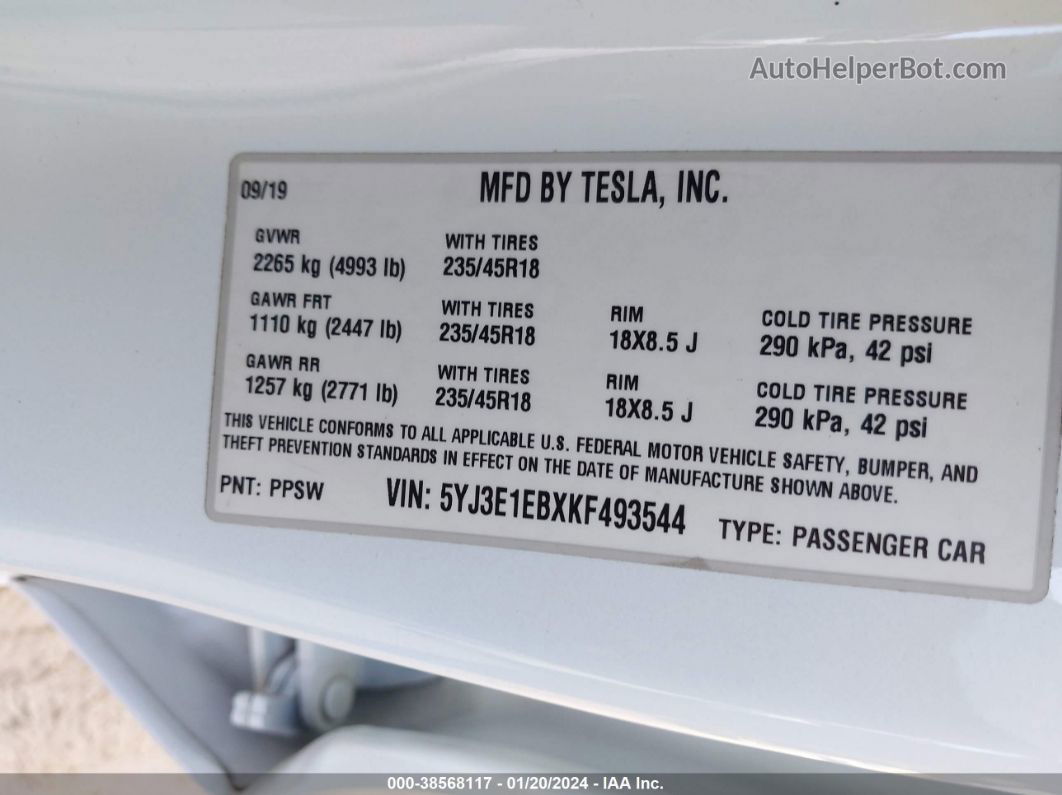 2019 Tesla Model 3 Long Range/performance White vin: 5YJ3E1EBXKF493544