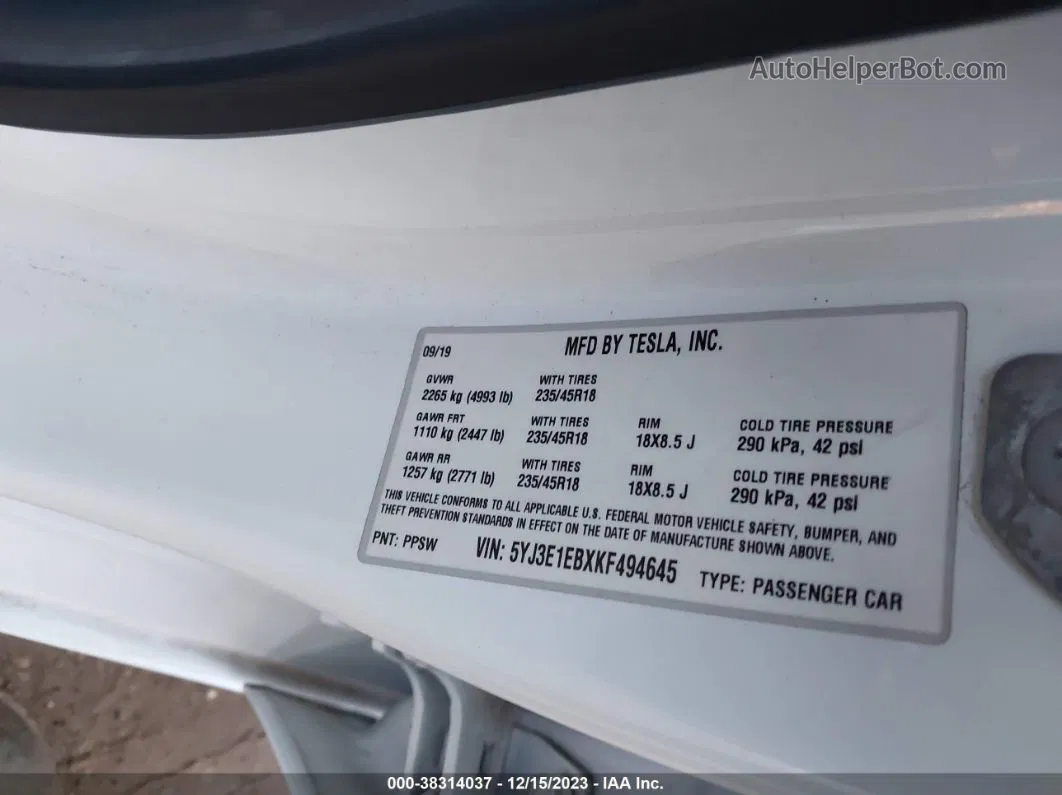 2019 Tesla Model 3 Long Range/performance White vin: 5YJ3E1EBXKF494645