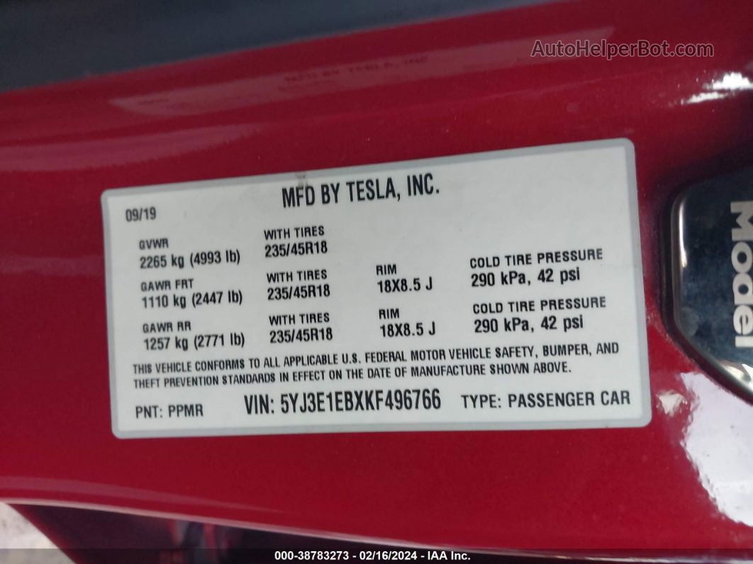 2019 Tesla Model 3 Long Range/performance Red vin: 5YJ3E1EBXKF496766