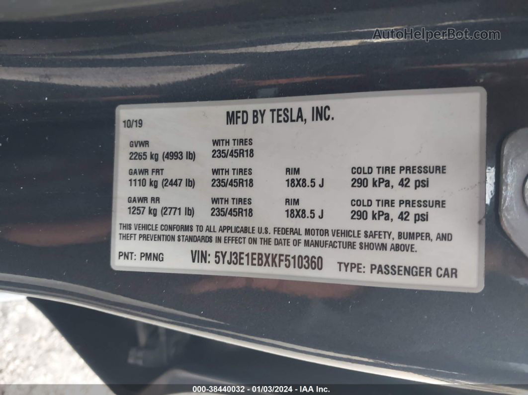 2019 Tesla Model 3 Long Range/performance Gray vin: 5YJ3E1EBXKF510360