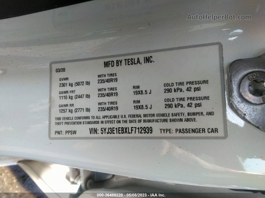 2020 Tesla Model 3 Long Range White vin: 5YJ3E1EBXLF712939