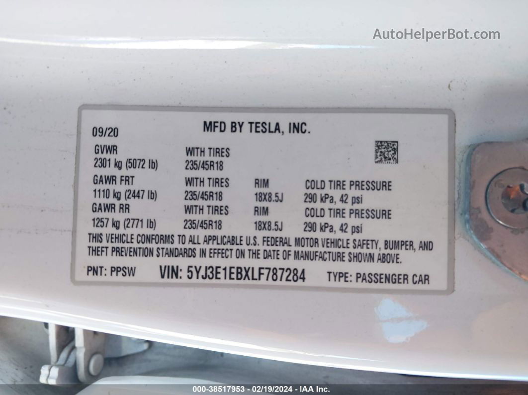 2020 Tesla Model 3 Long Range Dual Motor All-wheel Drive White vin: 5YJ3E1EBXLF787284