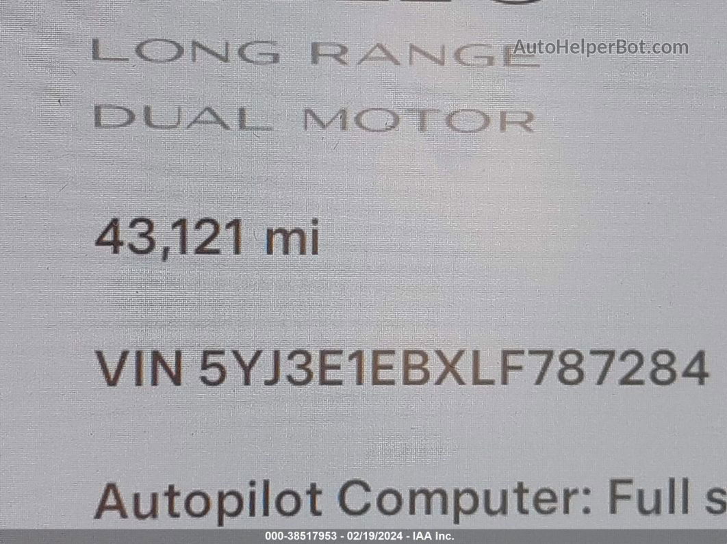 2020 Tesla Model 3 Long Range Dual Motor All-wheel Drive White vin: 5YJ3E1EBXLF787284