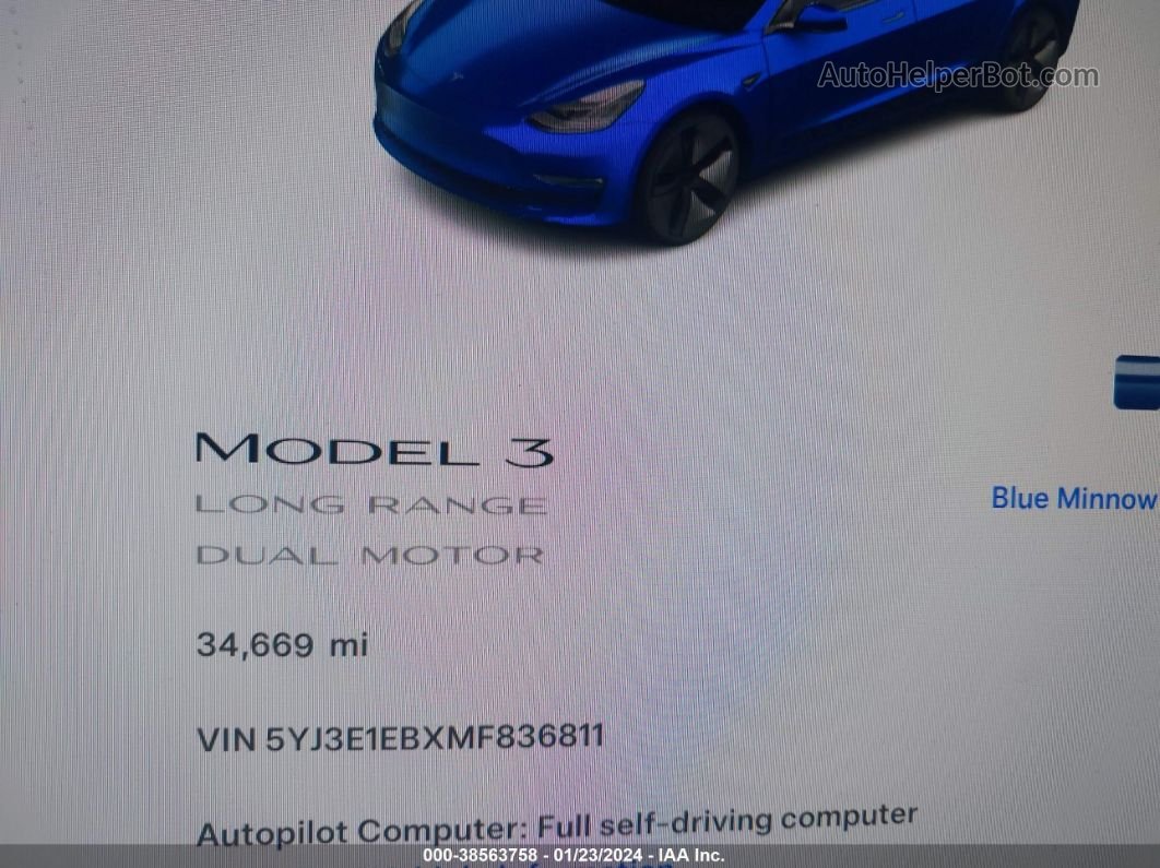 2021 Tesla Model 3 Long Range Dual Motor All-wheel Drive Синий vin: 5YJ3E1EBXMF836811