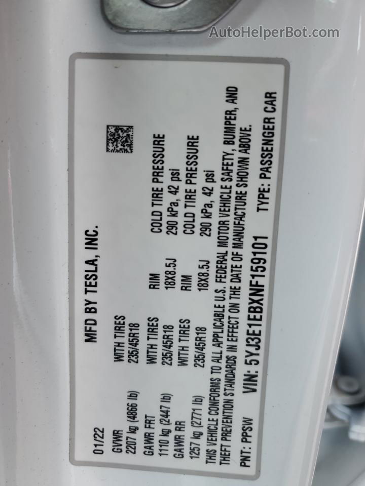 2022 Tesla Model 3  White vin: 5YJ3E1EBXNF159101