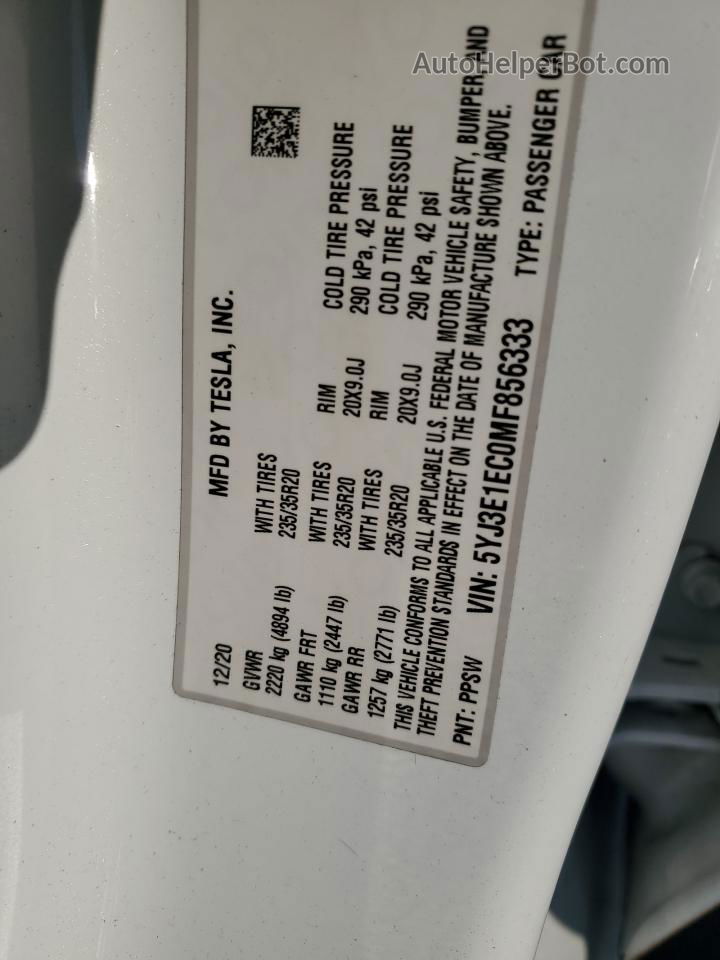 2021 Tesla Model 3  White vin: 5YJ3E1EC0MF856333