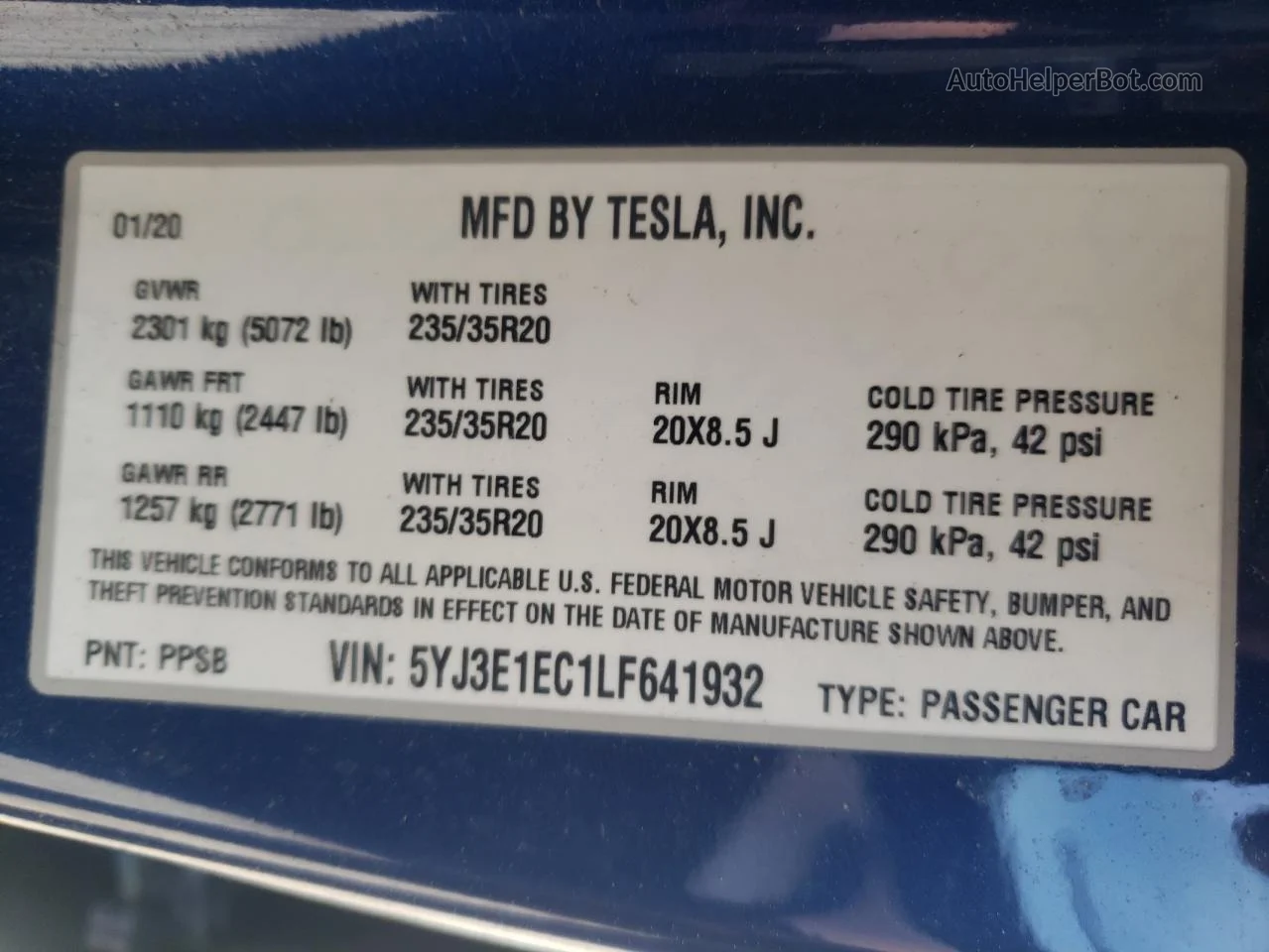 2020 Tesla Model 3  Blue vin: 5YJ3E1EC1LF641932