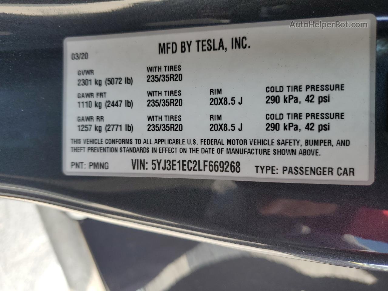2020 Tesla Model 3  Серый vin: 5YJ3E1EC2LF669268