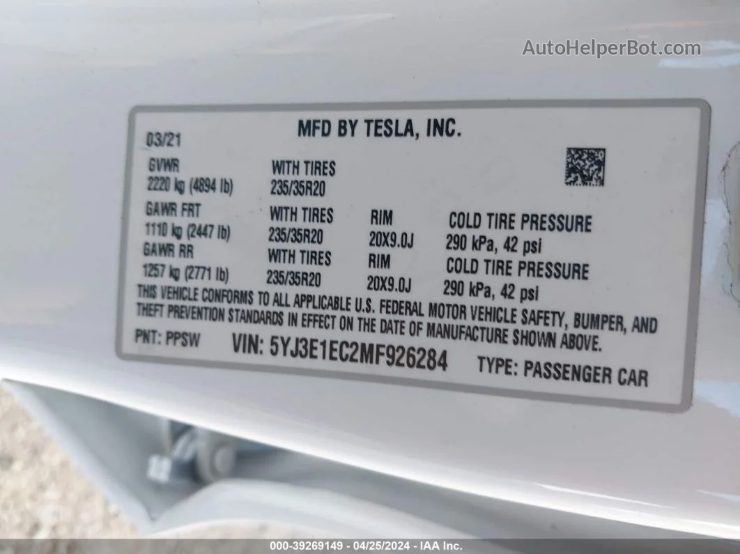2021 Tesla Model 3 Performance Dual Motor All-wheel Drive Белый vin: 5YJ3E1EC2MF926284