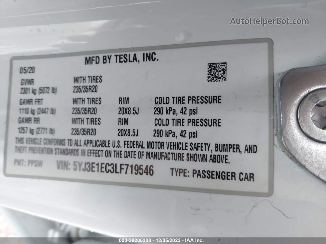 2020 Tesla Model 3 Performance Dual Motor All-wheel Drive White vin: 5YJ3E1EC3LF719546