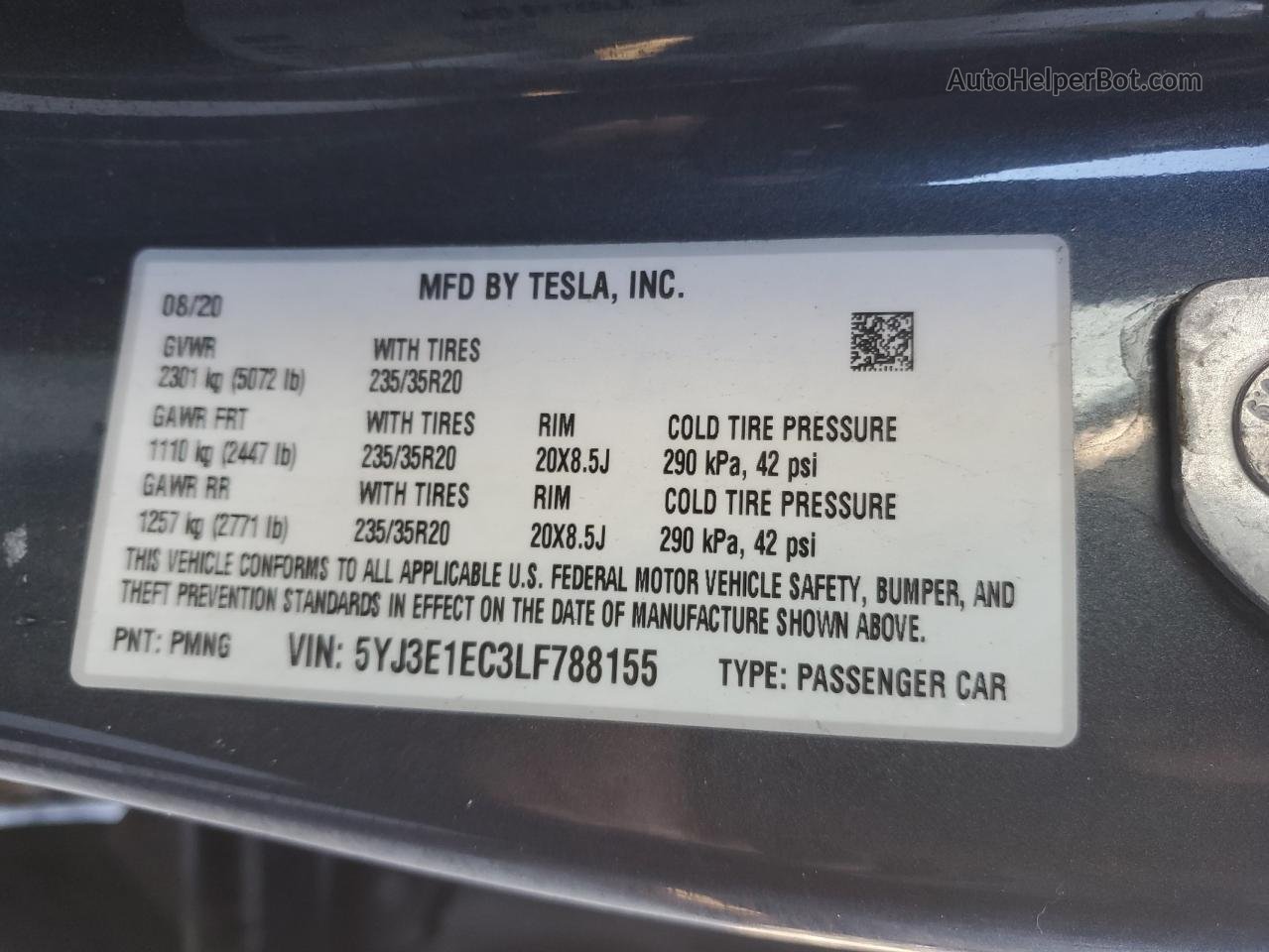 2020 Tesla Model 3  Серый vin: 5YJ3E1EC3LF788155