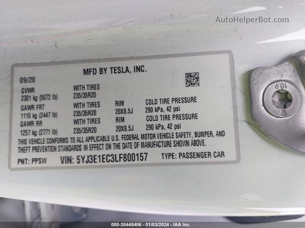 2020 Tesla Model 3 Performance Dual Motor All-wheel Drive Белый vin: 5YJ3E1EC3LF800157