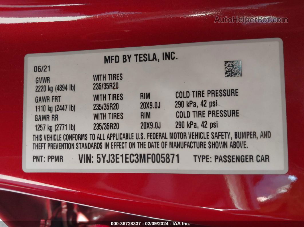 2021 Tesla Model 3 Performance Dual Motor All-wheel Drive Red vin: 5YJ3E1EC3MF005871