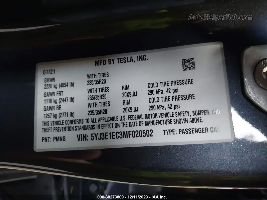 2021 Tesla Model 3 Performance Dual Motor All-wheel Drive Серый vin: 5YJ3E1EC3MF020502