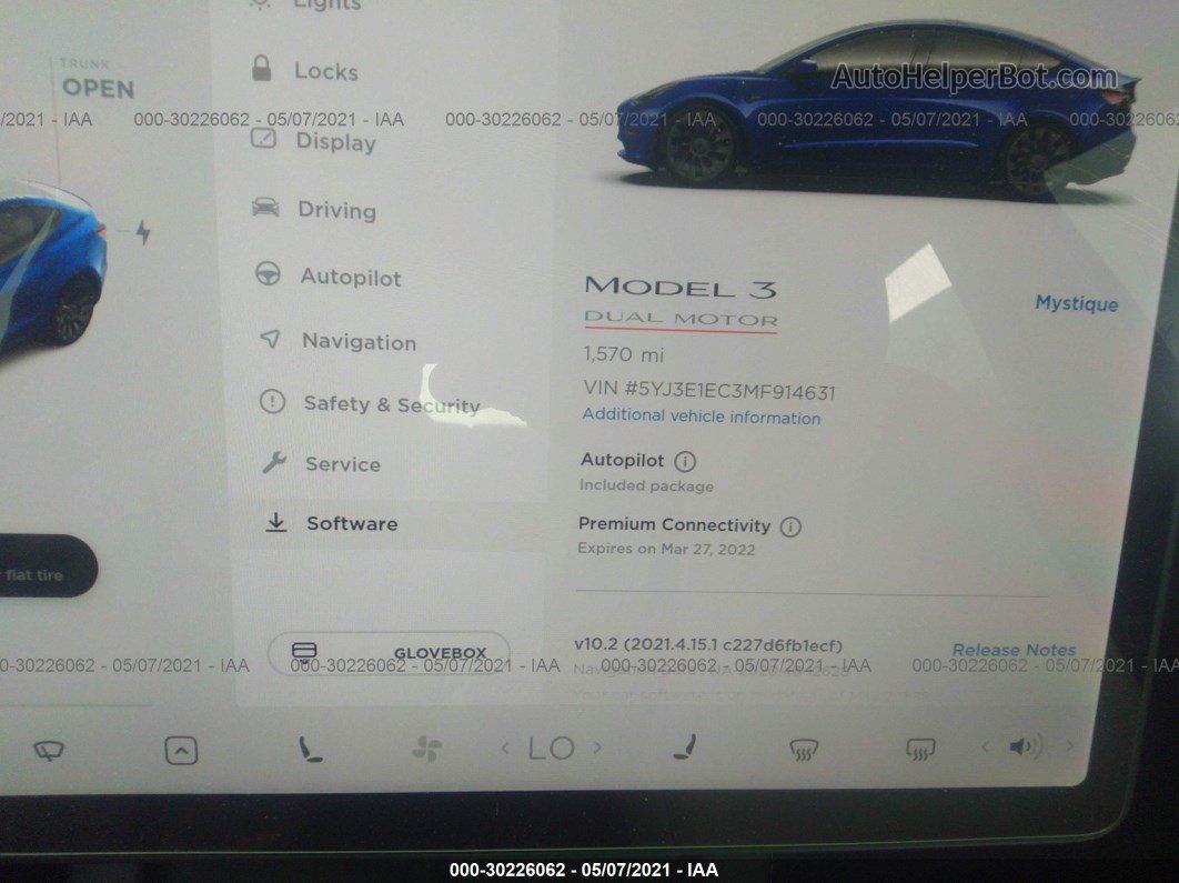 2021 Tesla Model 3 Performance Blue vin: 5YJ3E1EC3MF914631