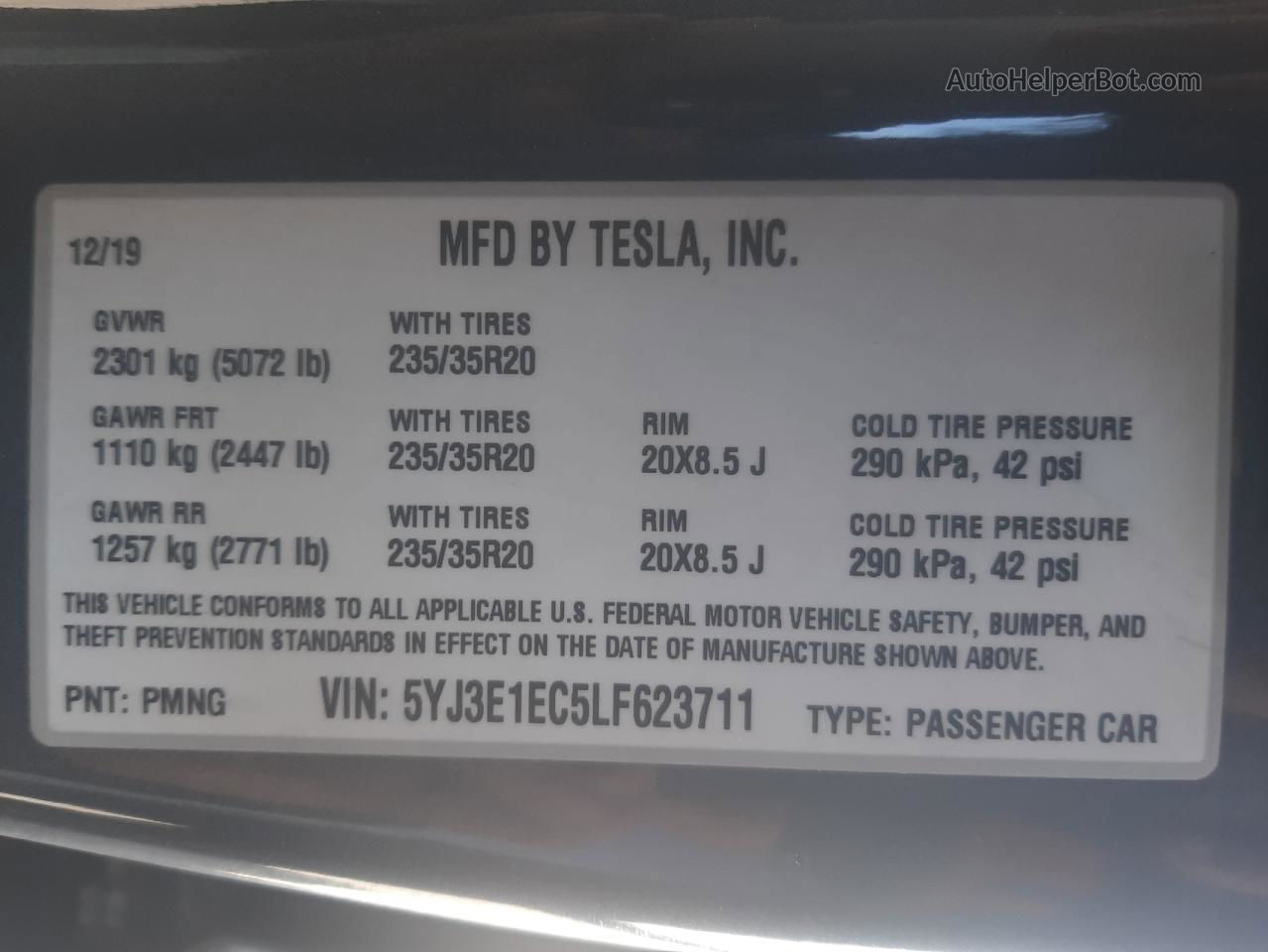 2020 Tesla Model 3  Серый vin: 5YJ3E1EC5LF623711