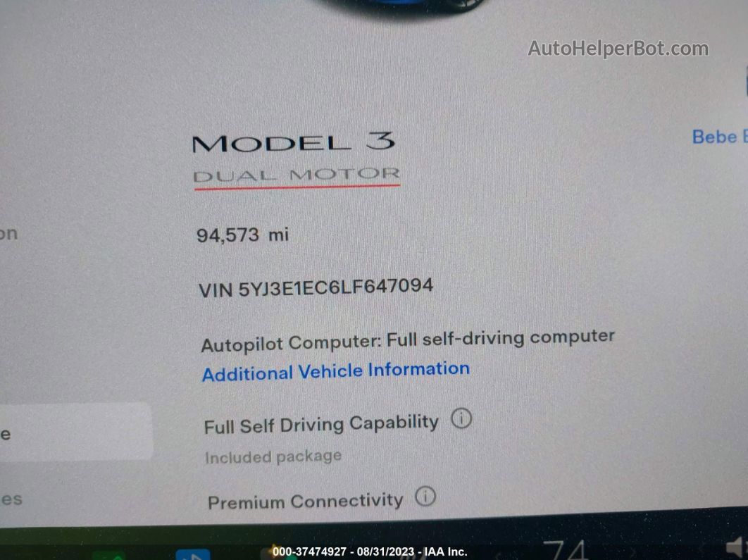 2020 Tesla Model 3 Performance Blue vin: 5YJ3E1EC6LF647094