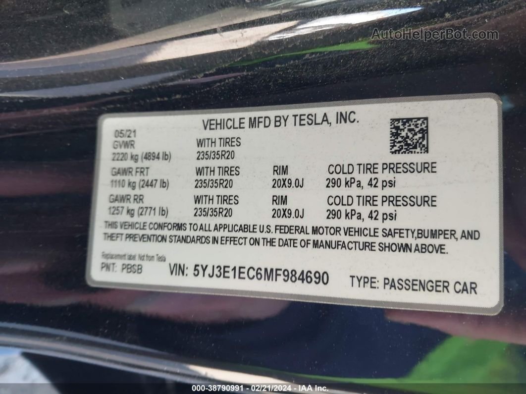 2021 Tesla Model 3 Performance Dual Motor All-wheel Drive Black vin: 5YJ3E1EC6MF984690