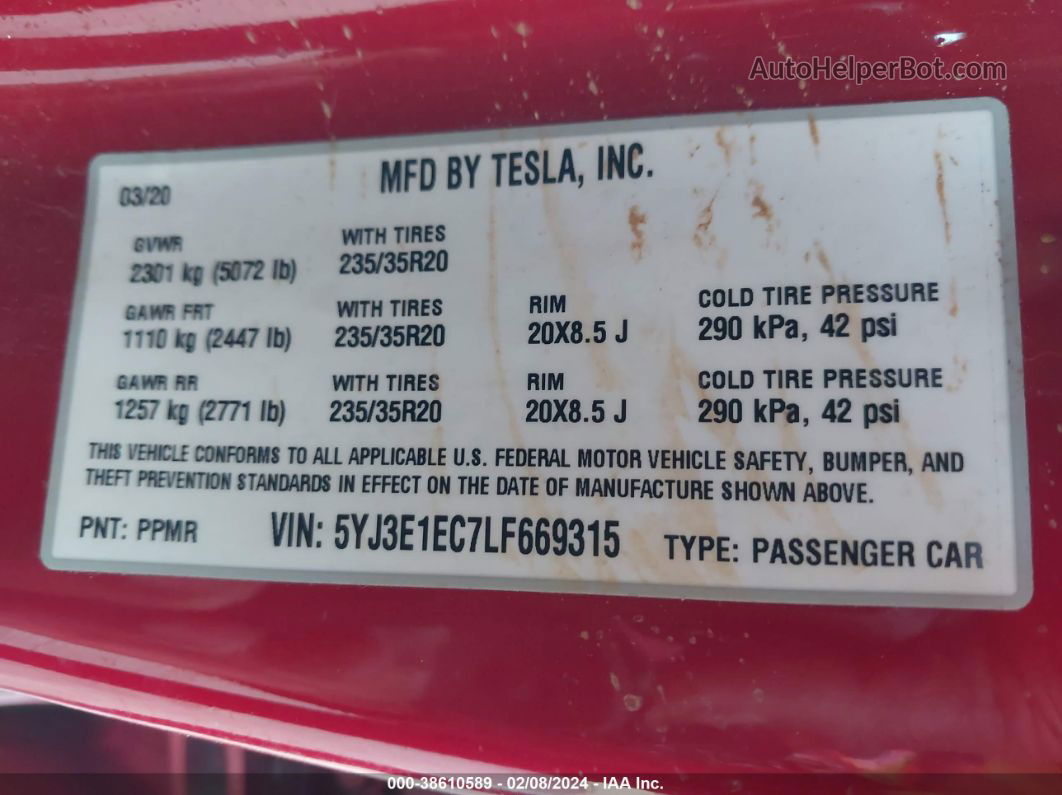 2020 Tesla Model 3 Performance Dual Motor All-wheel Drive Red vin: 5YJ3E1EC7LF669315