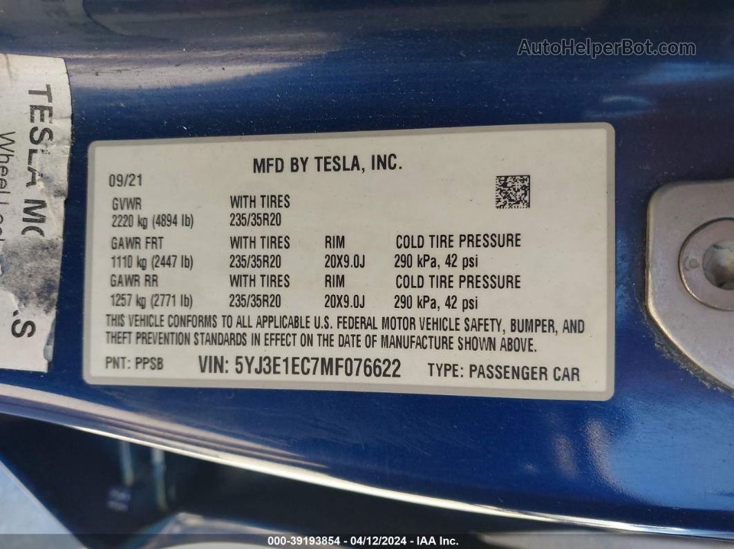 2021 Tesla Model 3 Performance Dual Motor All-wheel Drive Синий vin: 5YJ3E1EC7MF076622