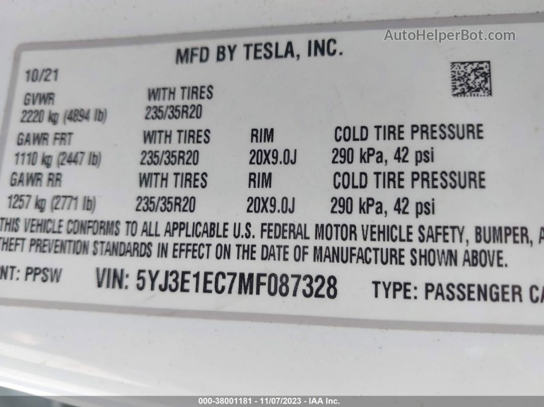 2021 Tesla Model 3 Performance Dual Motor All-wheel Drive White vin: 5YJ3E1EC7MF087328