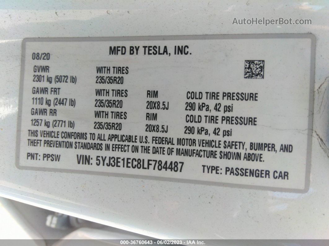 2020 Tesla Model 3 Performance White vin: 5YJ3E1EC8LF784487