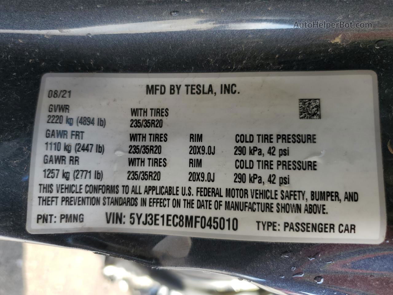 2021 Tesla Model 3  Серый vin: 5YJ3E1EC8MF045010