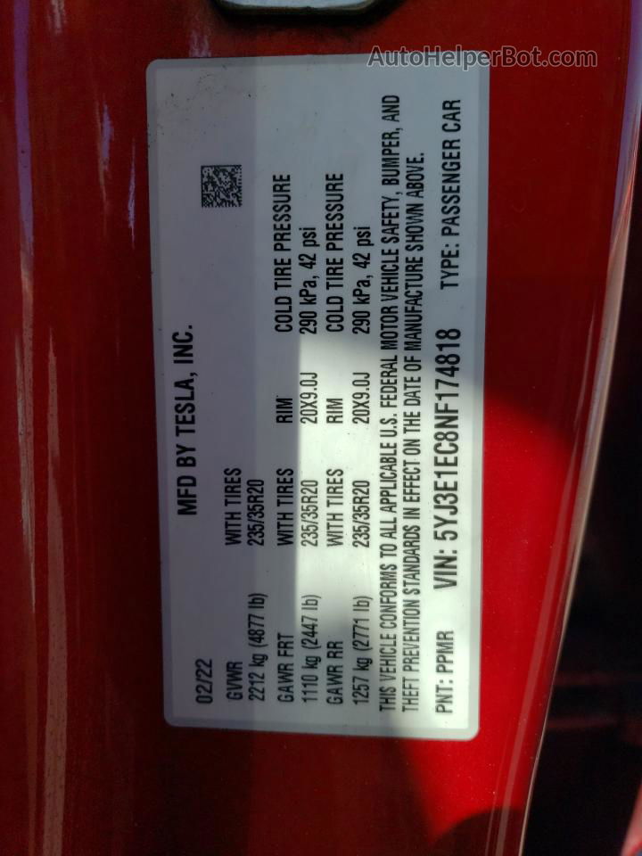 2022 Tesla Model 3  Red vin: 5YJ3E1EC8NF174818