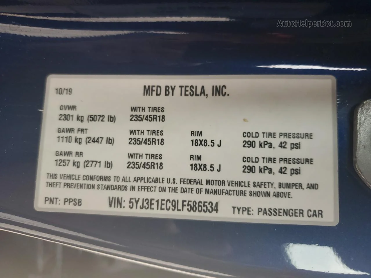 2020 Tesla Model 3  Blue vin: 5YJ3E1EC9LF586534